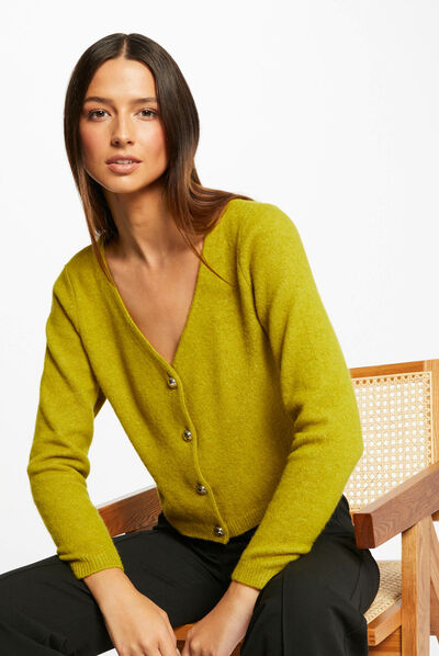 Gilet droit boutonné avec col en V anis femme