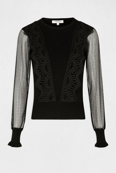Pull manches longues en plumetis noir femme