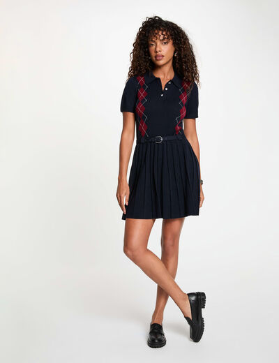 Robe tricot col &agrave; revers bleu marine femme