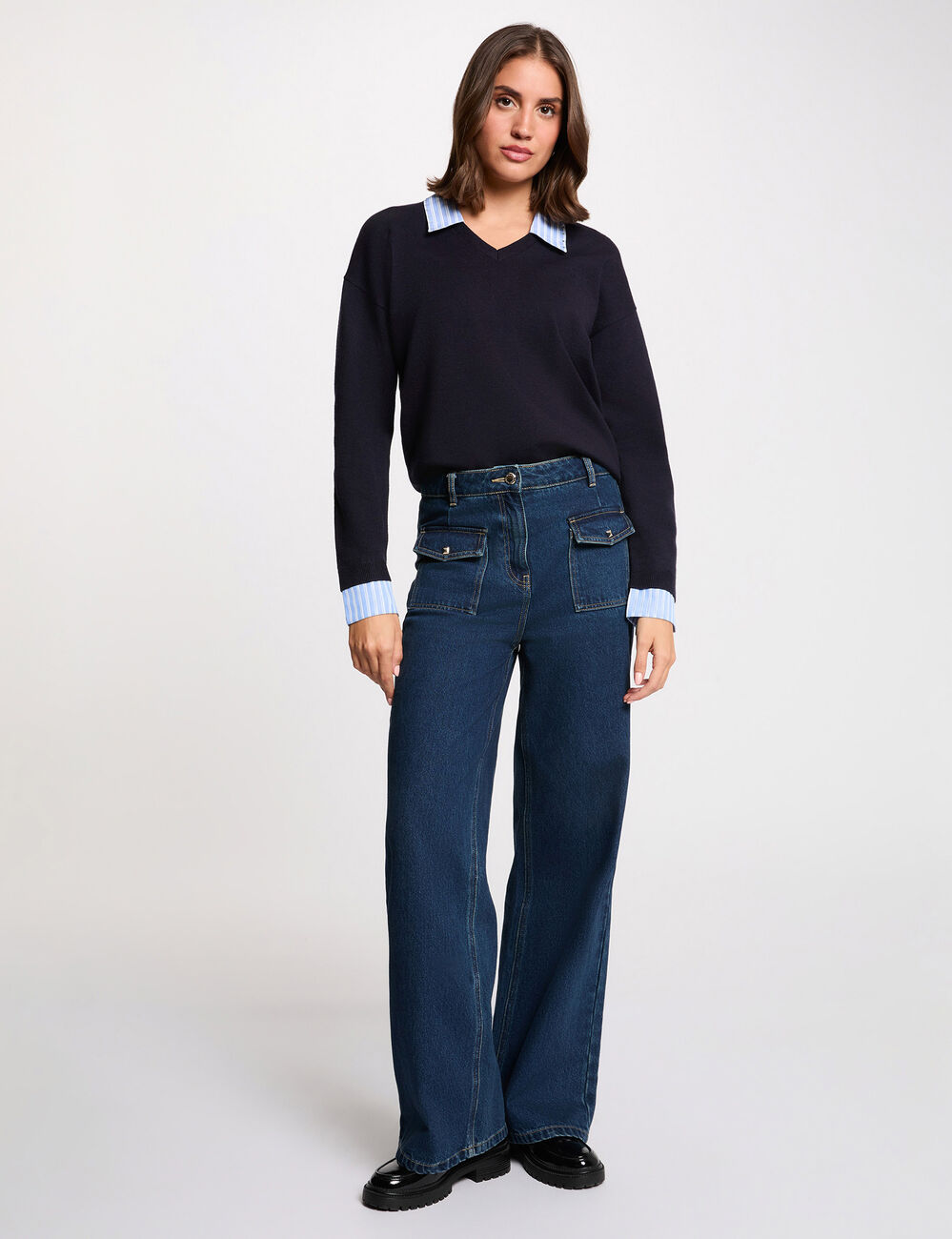 Pull col revers ray&eacute; bleu marine femme