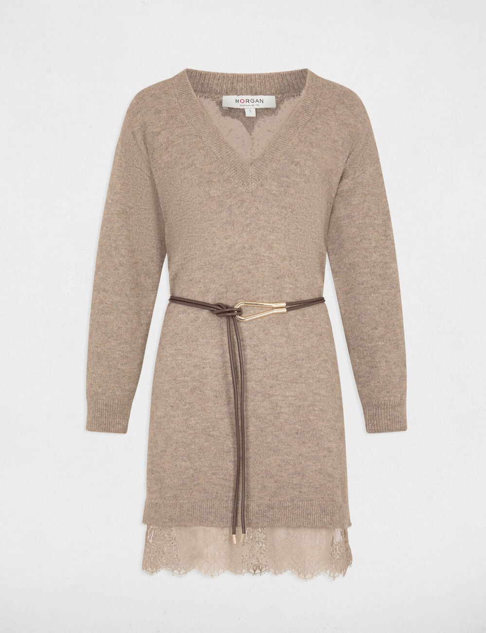 Robe tricot col v taupe femme