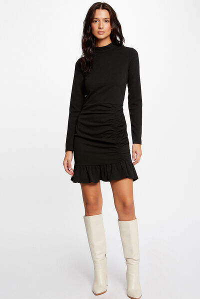 Robe ajustée à volants et col montant noir femme