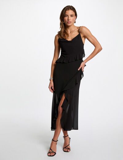 Robe midi ajustée volants noir femme