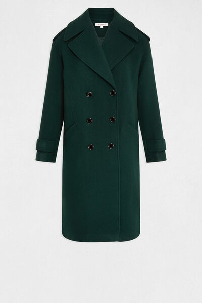 Manteau long droit boutonné vert fonce femme
