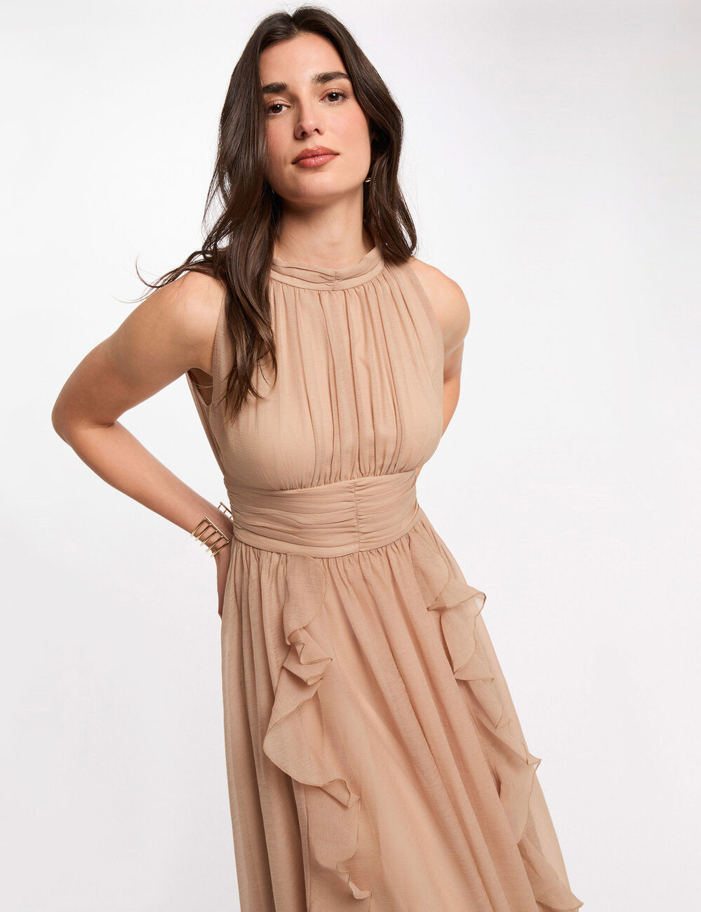 Robe longue col montant taupe femme