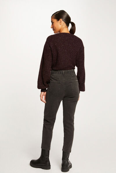 Pull manches longues à col en V prune femme