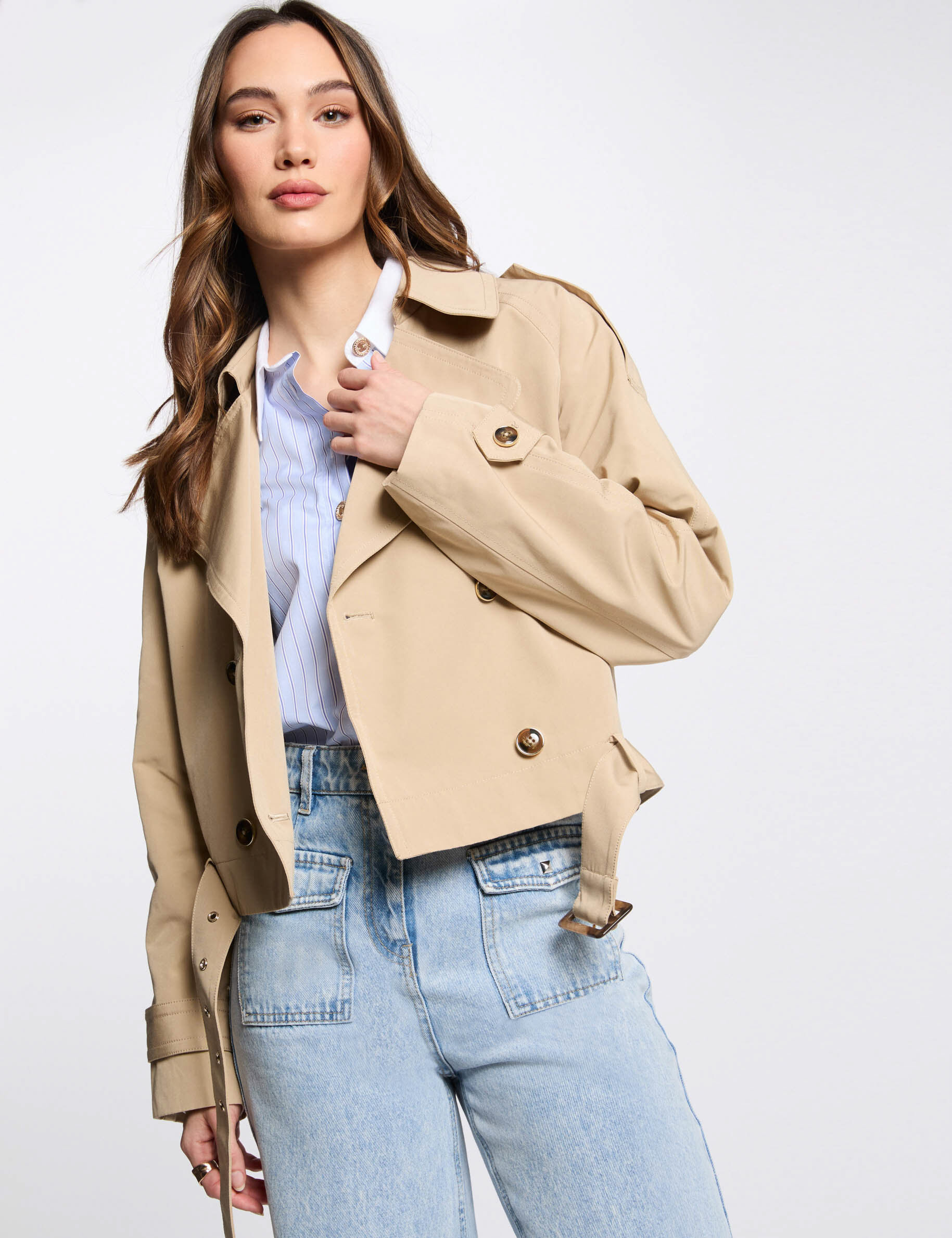 Trench court ceinturé beige femme - Morgan - Modalova