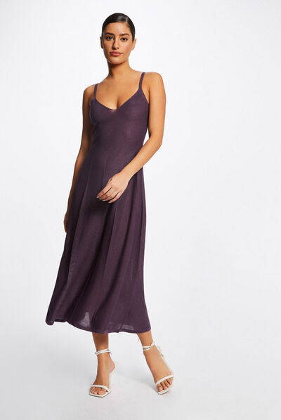 Robe pull midi évasée à bretelles fines prune femme