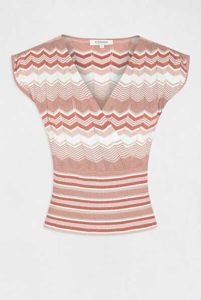 Pull manches courtes imprimé chevron vieux rose femme