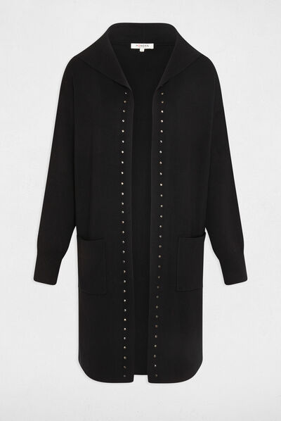 Gilet long à capuche avec clous noir femme