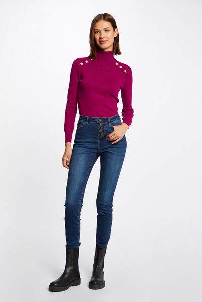 Pull manches longues à col roulé rose fonce femme