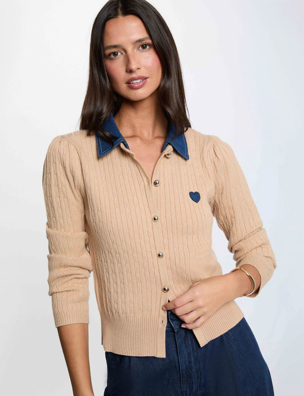 Pull col revers boutons camel femme