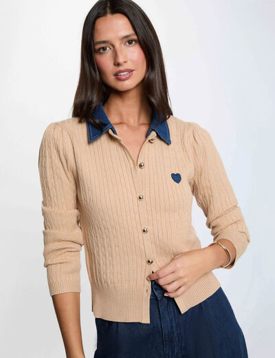 Pull col revers boutons camel femme