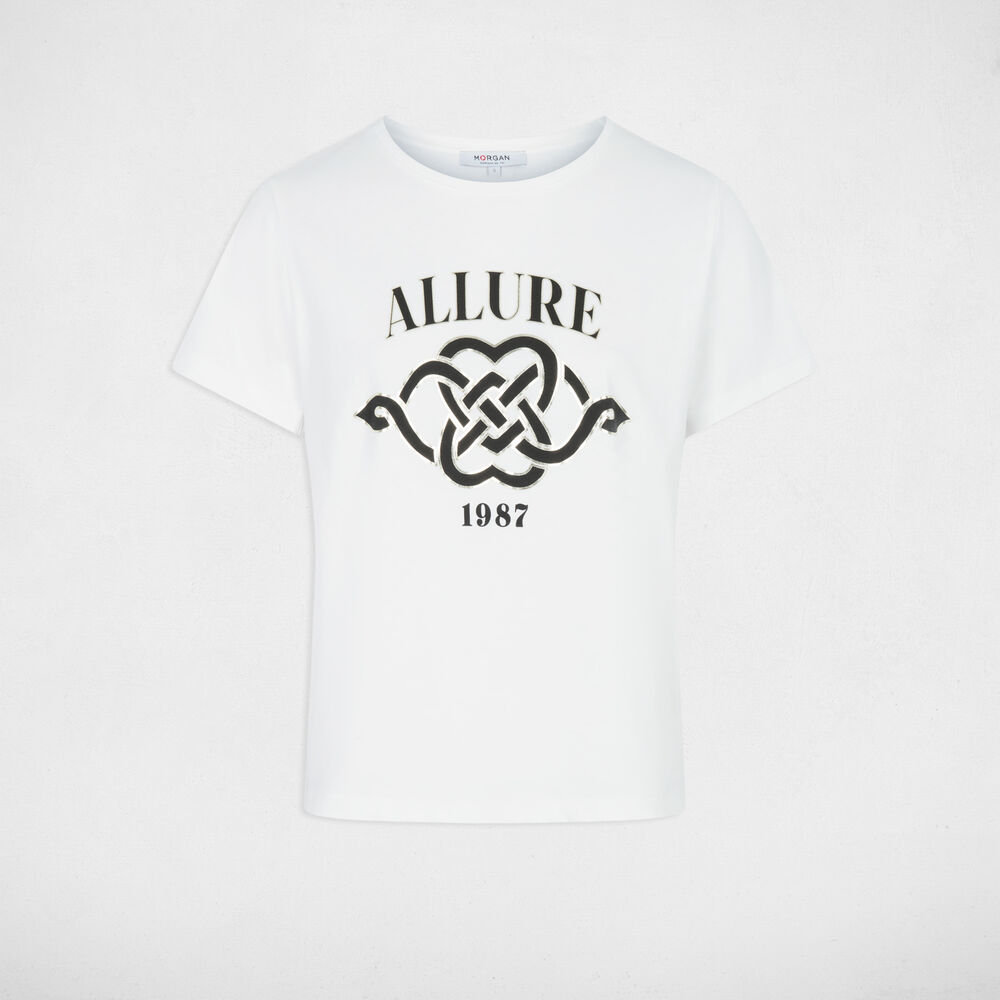 T-shirt imprim&eacute; col rond blanc femme