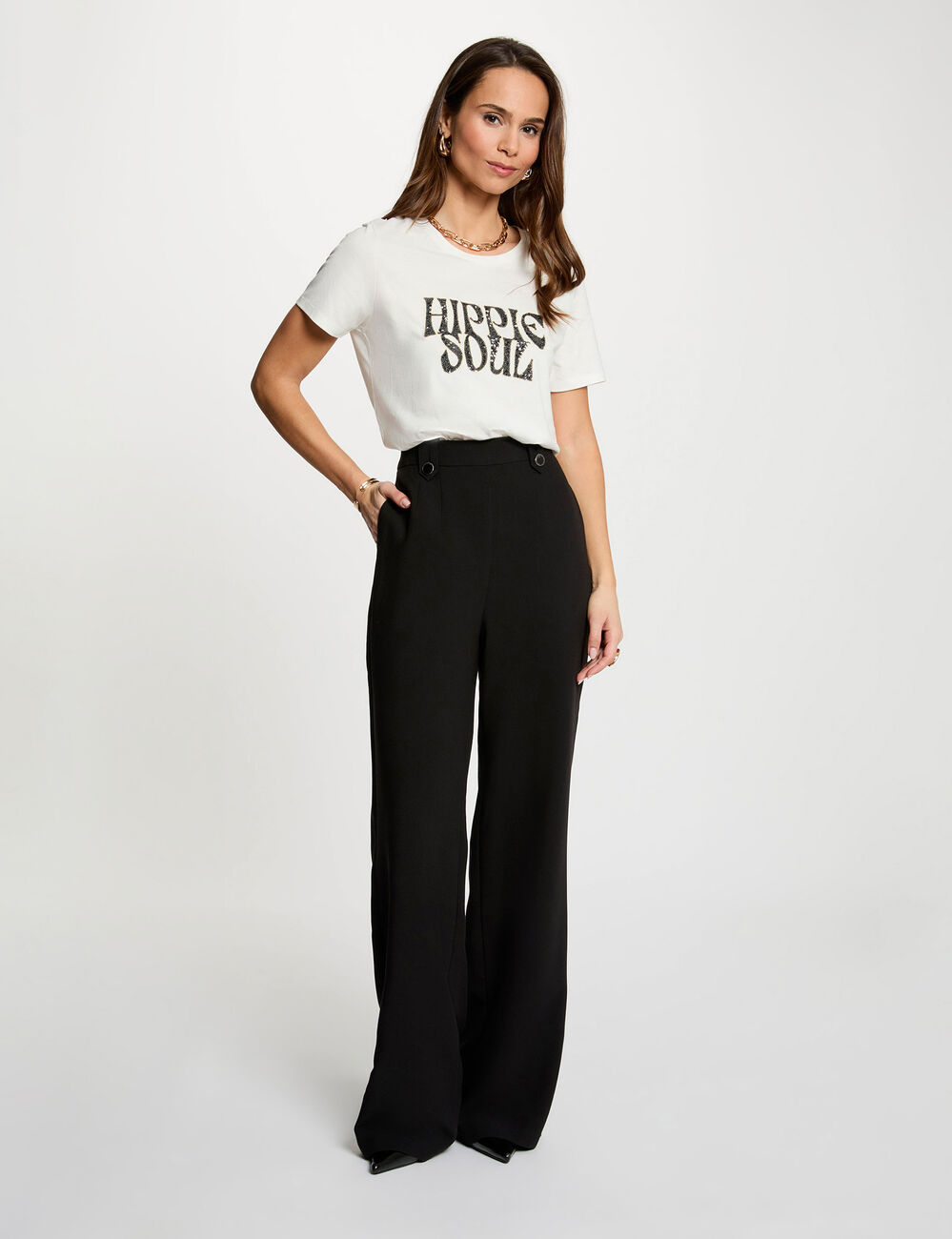 Pantalon large taille haute noir femme