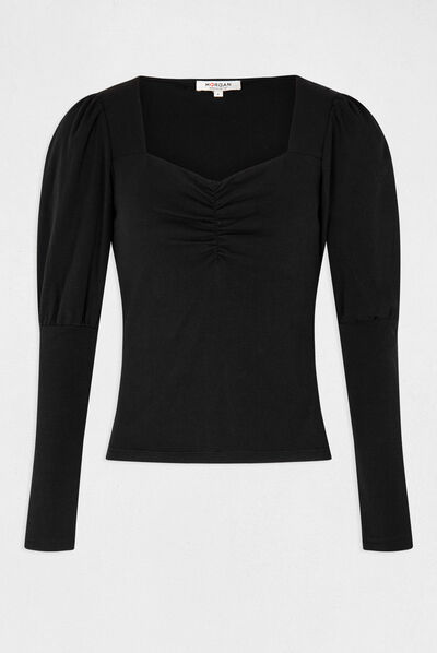 T-shirt manches longues encolure coeur noir femme