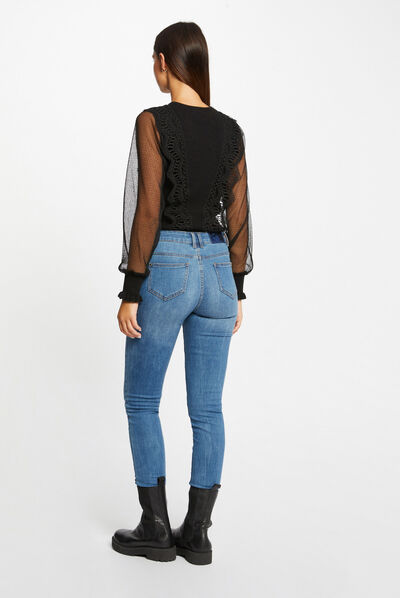 Pull manches longues en plumetis noir femme