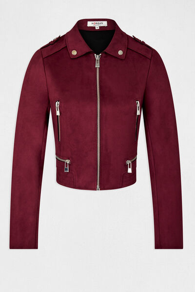 Blouson droit aspect suédine bordeaux femme