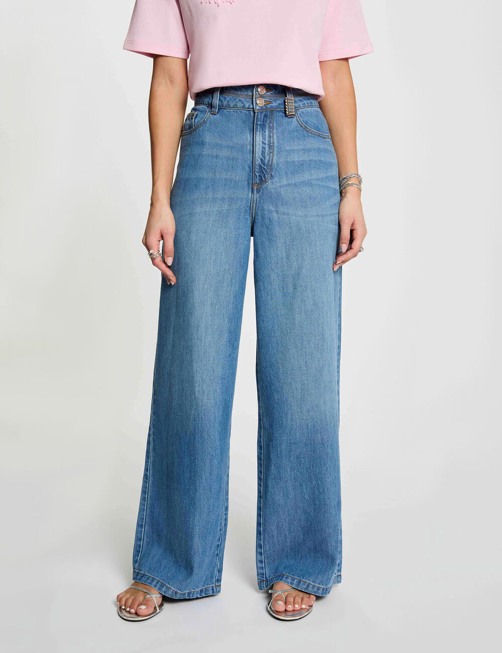 Pantalon large taille haute denim stone femme