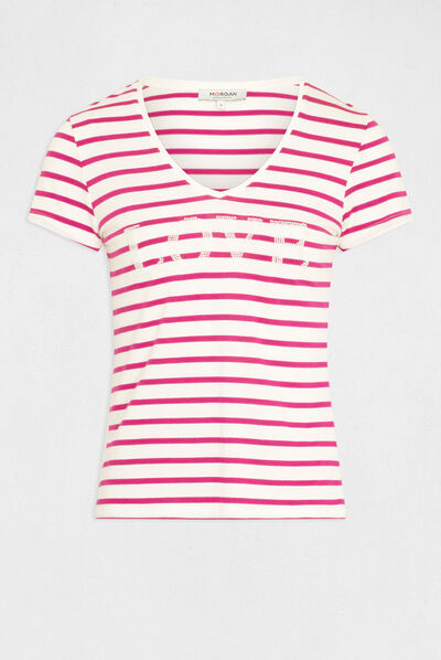 T-shirt manches courtes à rayures framboise femme