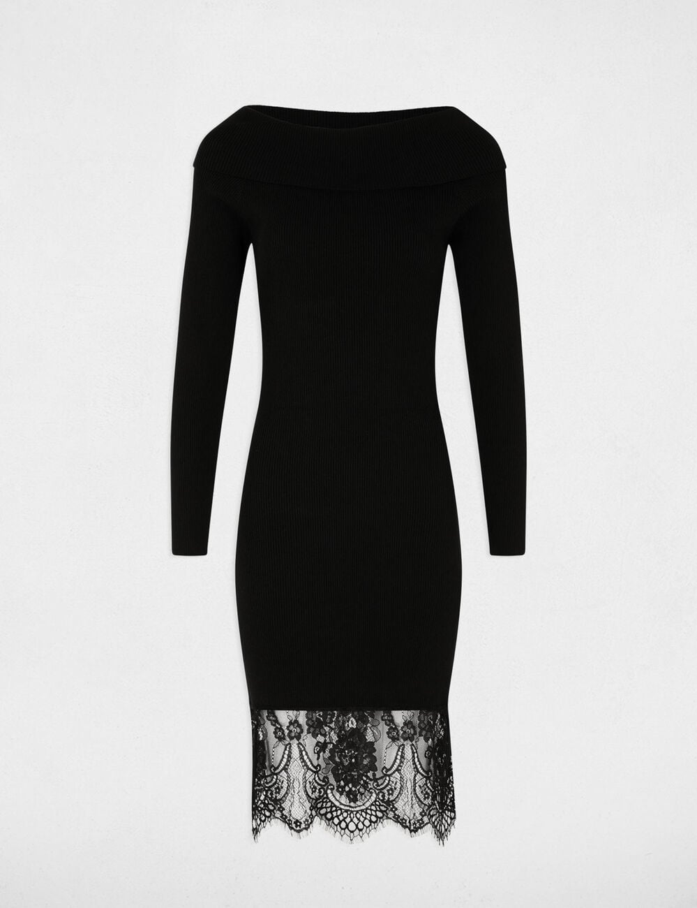 Robe tricot col b&eacute;nitier noir femme