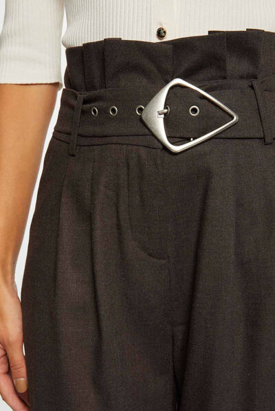 Pantalon paperbag ceinturé marron femme