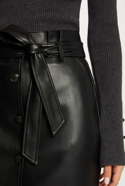 Jupe droite ceinturée simili cuir noir femme