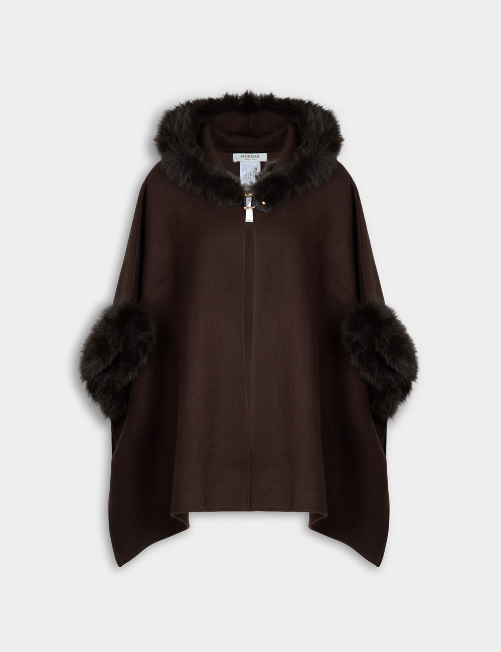 Poncho fausse fourrure marron fonc&eacute; femme