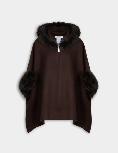 Poncho fausse fourrure marron fonc&eacute; femme