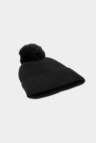 Bonnet avec strass et pompon noir femme