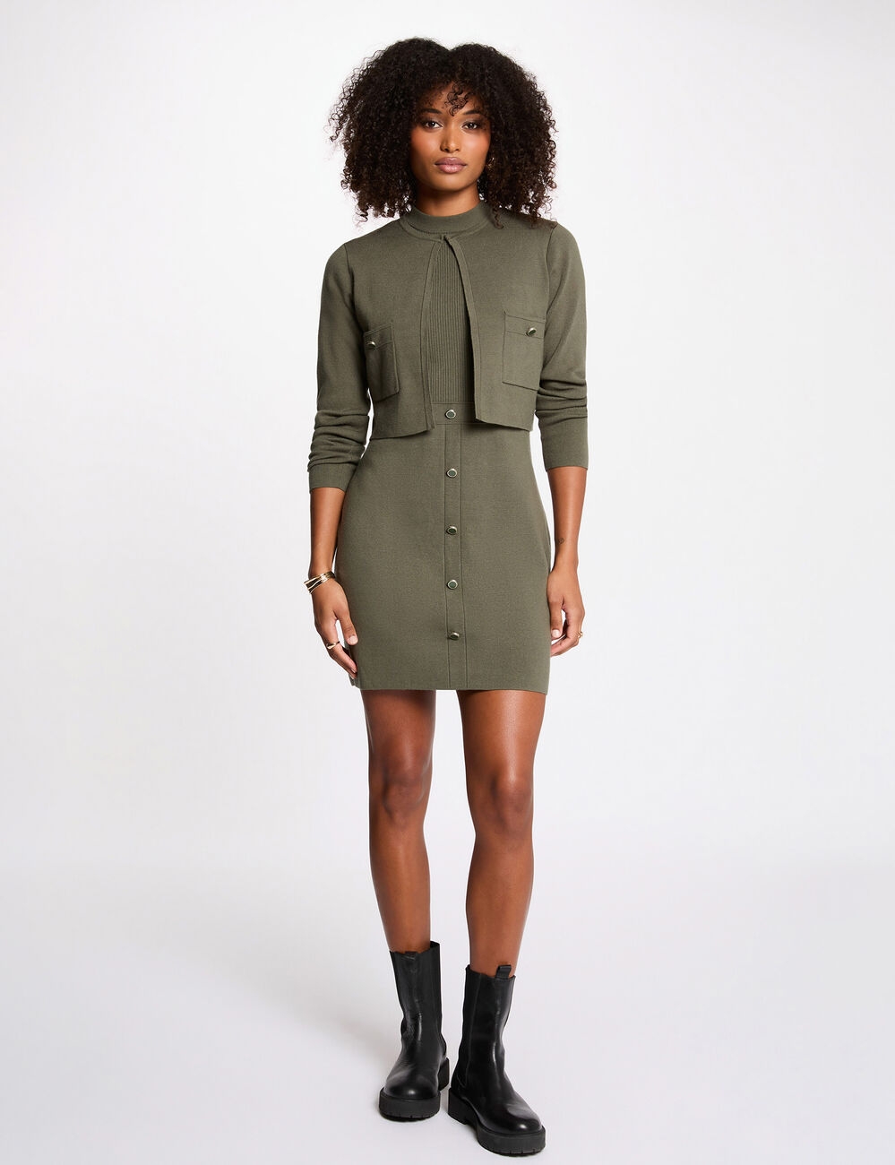 Robe tricot effet 2-en-1 vert kaki femme