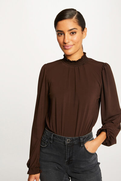 T-shirt manches longues à col montant marron femme