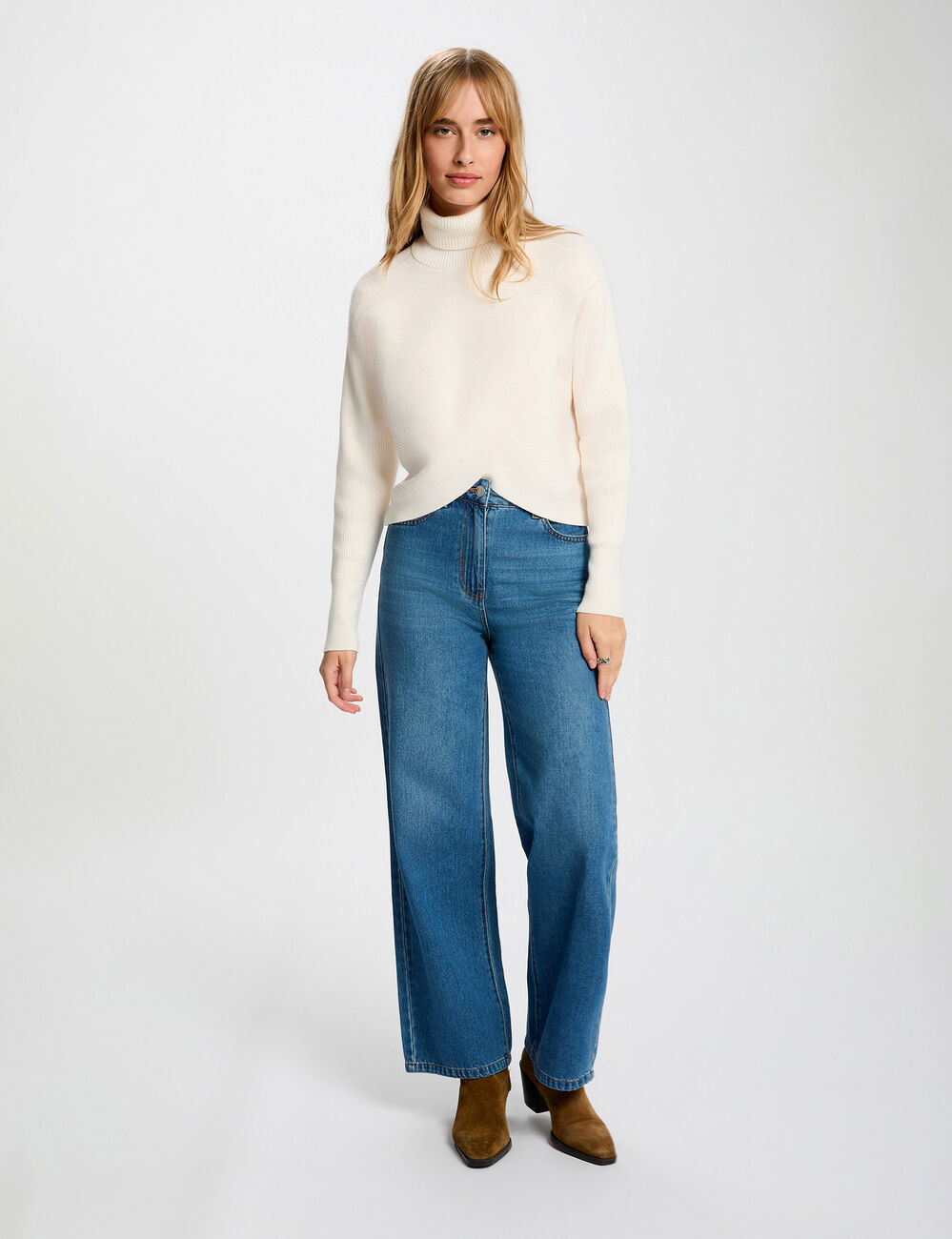 Pull manches longues effet crois&eacute; ivoire femme