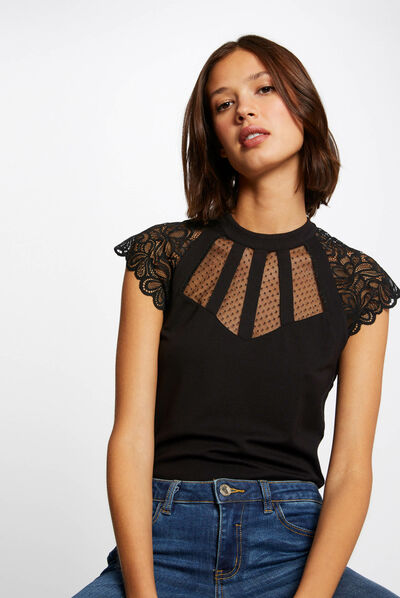 T-shirt manches courtes à dentelle noir femme