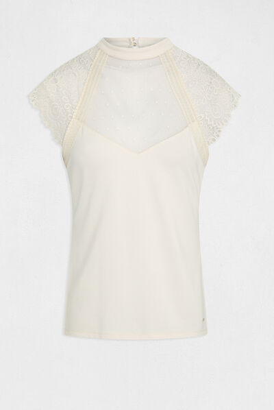 T-shirt manches courtes à dentelle ivoire femme