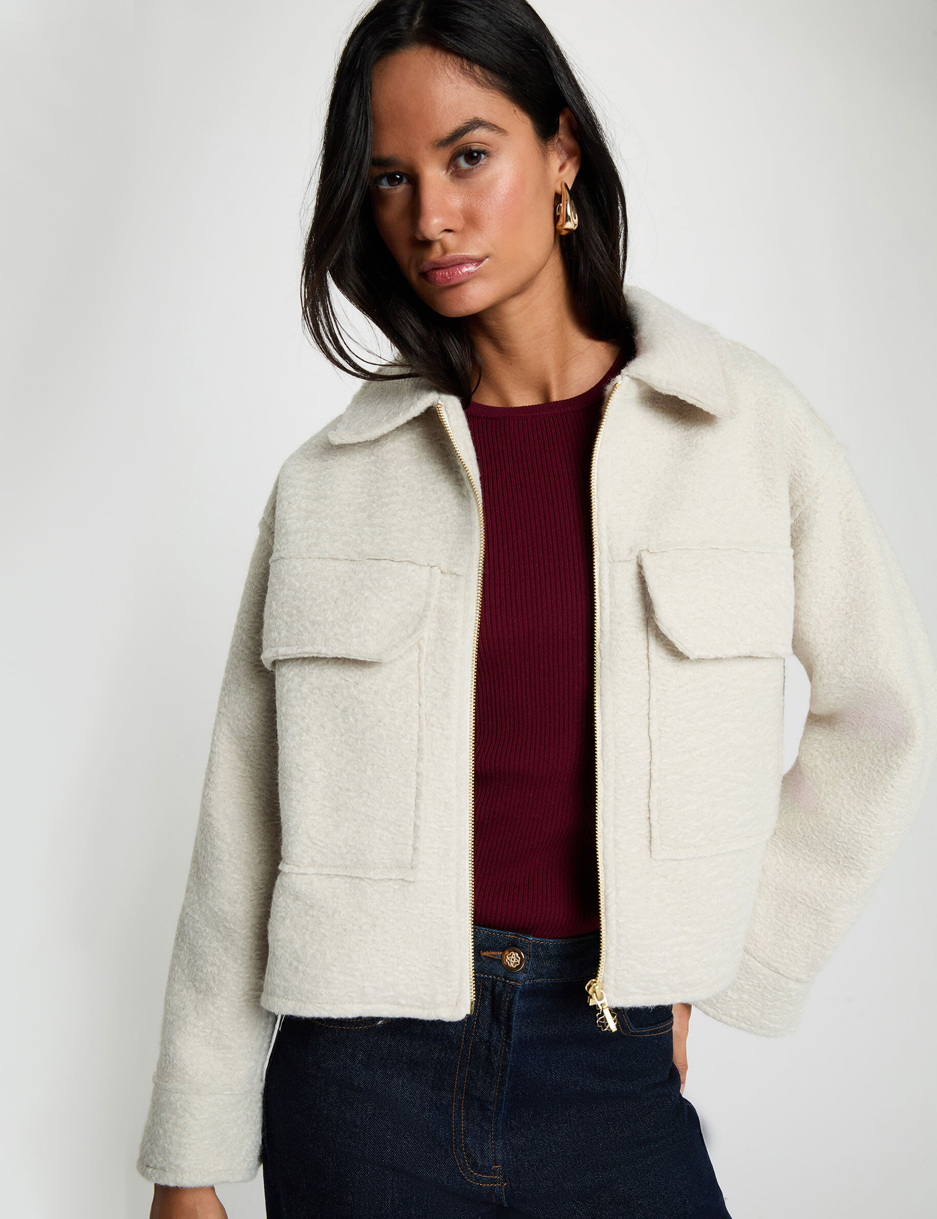 Manteau court duveteux ivoire femme Manteau court duveteux ivoire femme
