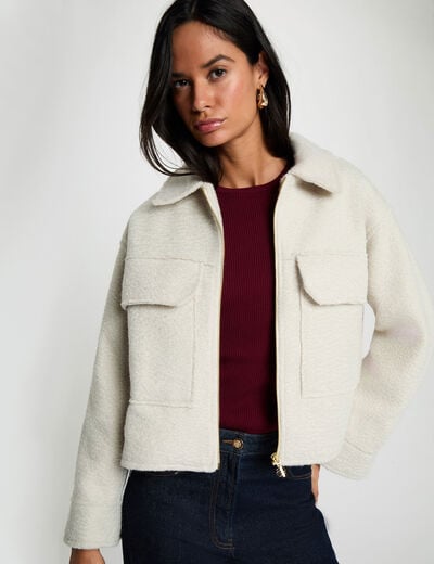 Manteau court duveteux ivoire femme