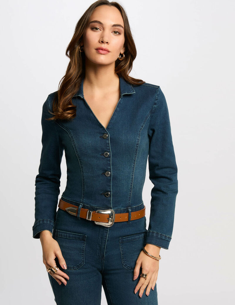 Combinaison longue large jean denim brut femme