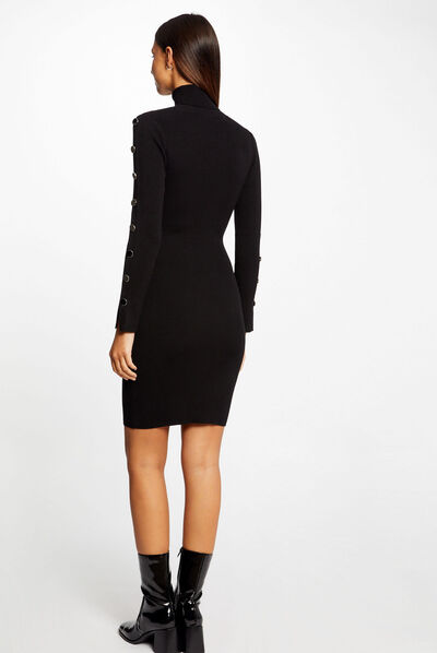 Robe pull ajustée col roulé et boutons noir femme
