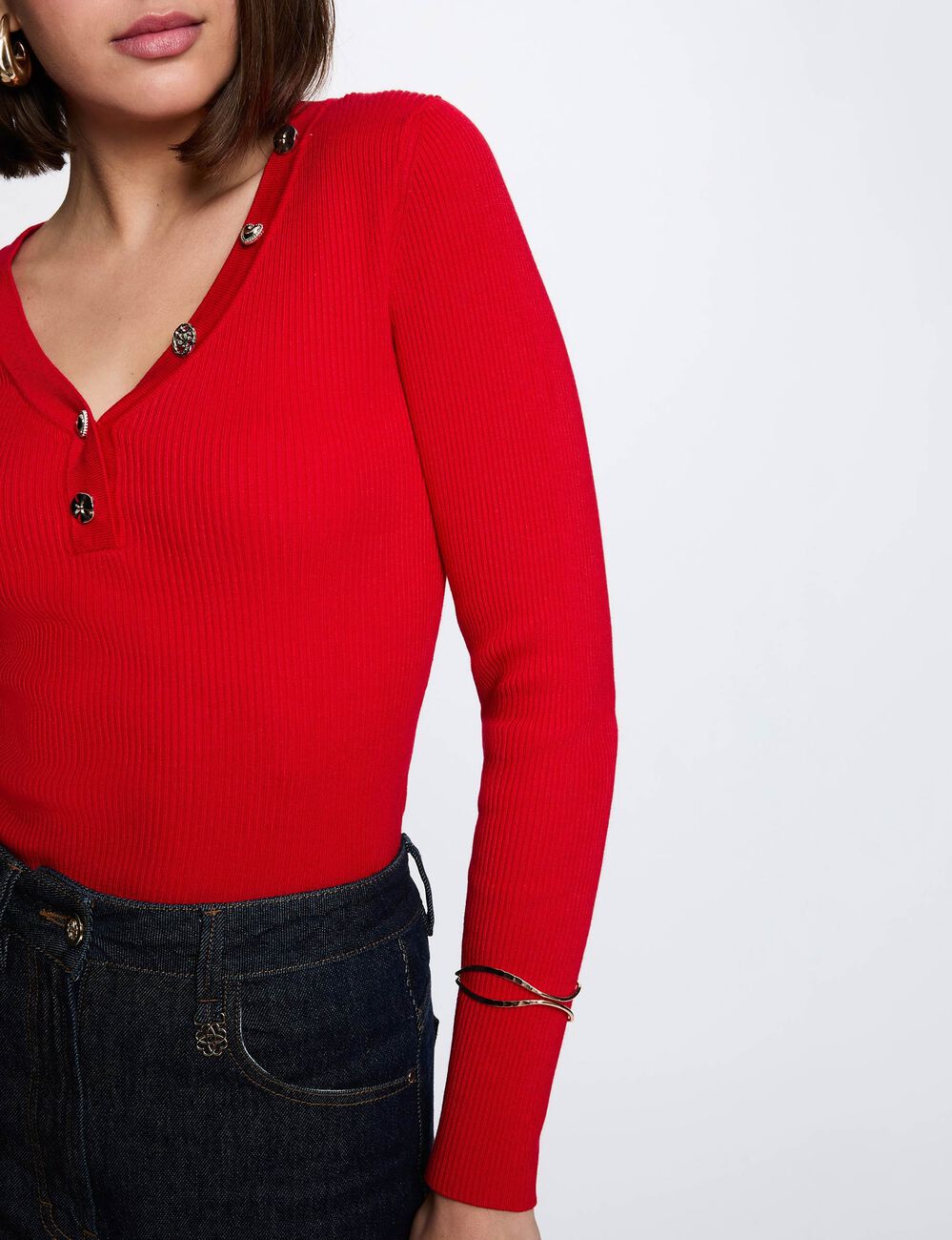 Pull col v fantaisie rouge femme