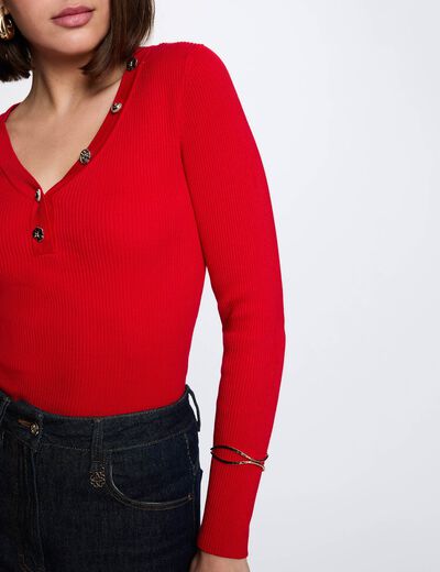 Pull col v fantaisie rouge femme
