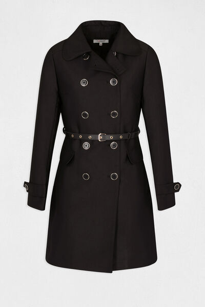 Trench droit boutonné et ceinturé noir femme