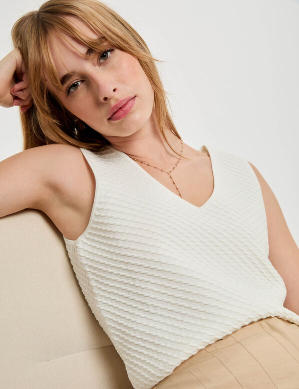 debardeur maille col en v blanc femme Débardeur maille col en V blanc femme
