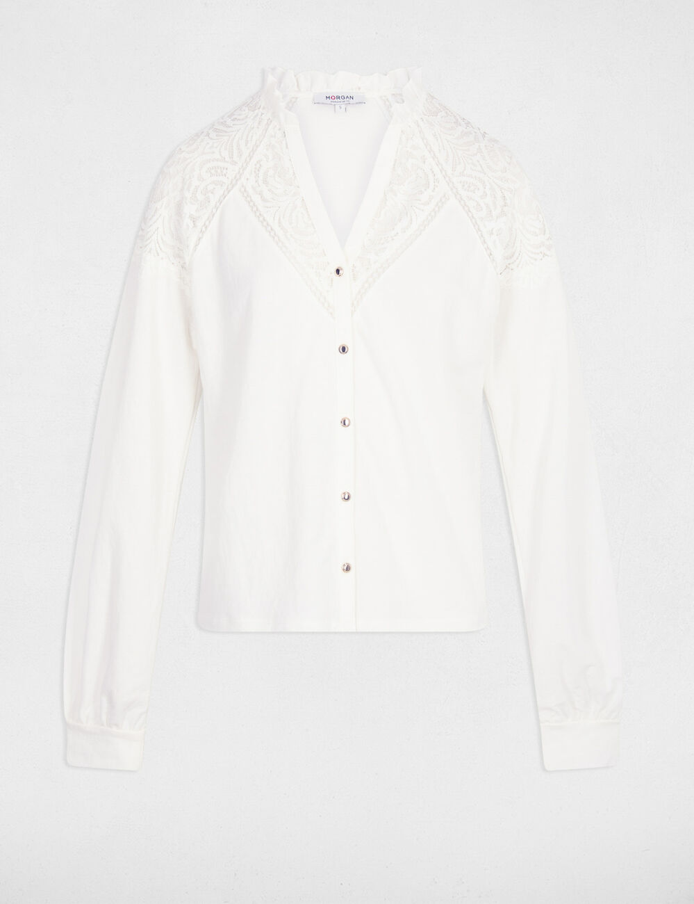 T-shirt dentelle col v blanc femme