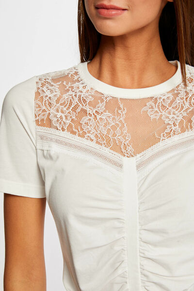 T-shirt manches courtes avec dentelle ecru femme
