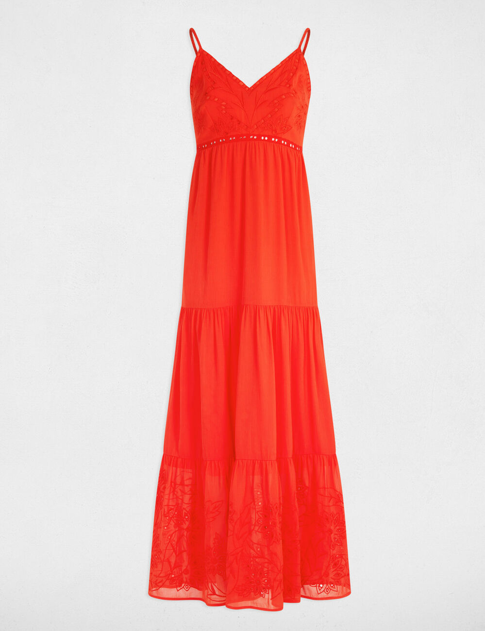 Robe longue fluide broderie orange femme