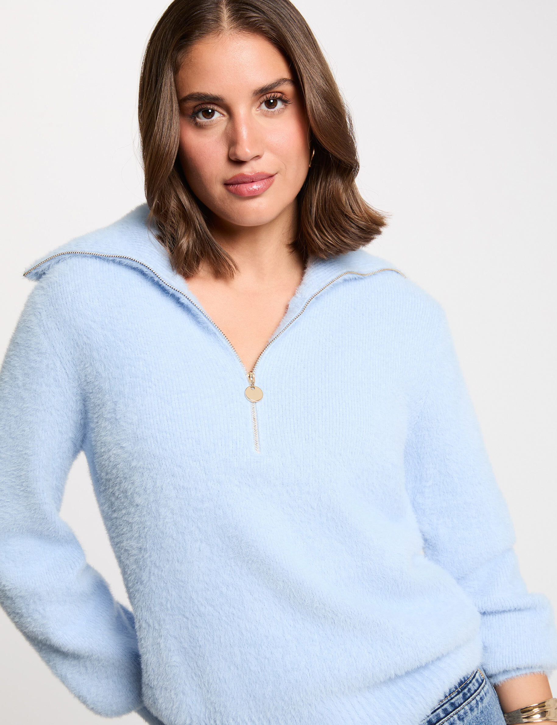 Pull manches longues à col zippé ciel femme