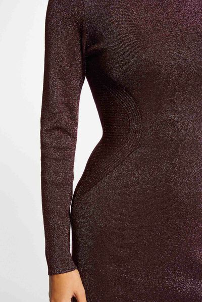 Robe pull ajustée fils métallisés prune femme