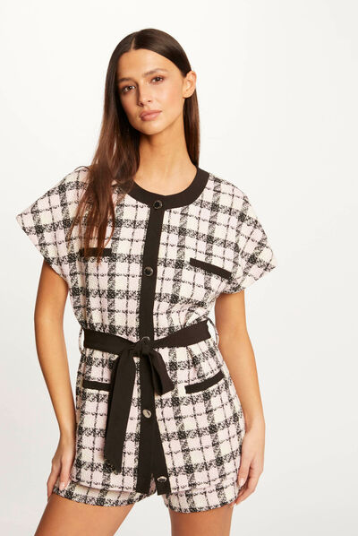 Veste droite ceinturée à carreaux multico femme