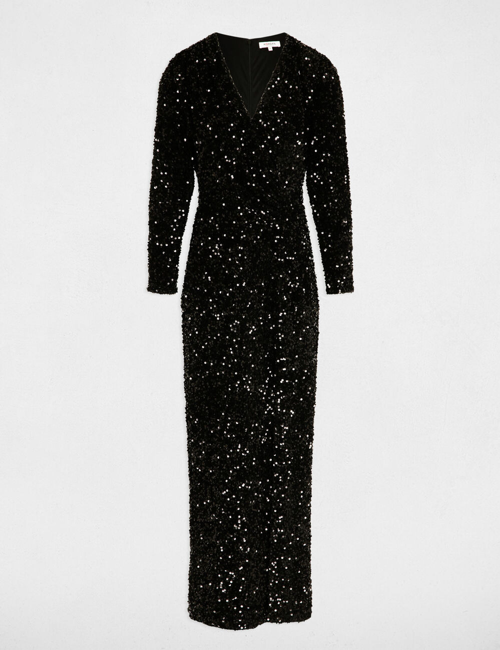 Robe longue ajustée sequins noir femme